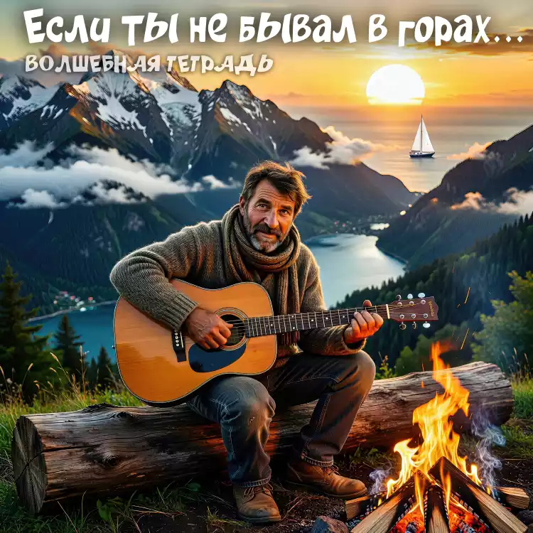 Мужчина-альпинист средних лет с бородой сидит на бревне у костра и играет на акустической гитаре на фоне заката в горах с озером и парусником. Вверху изображения расположена надпись «Если ты не бывал в горах… ВОЛШЕБНАЯ ТЕТРАДЬ».