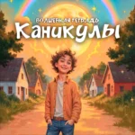 Яркая обложка музыкального сингла под названием «Волшебная тетрадь. Каникулы». В центре — улыбающийся кудрявый мальчик в оранжевой рубашке на фоне деревенской улицы с деревянными домами. Позади него сияет огромное солнце, а в небе раскинулась красочная радуга, создавая сказочную и ностальгическую атмосферу.