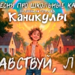 Яркая обложка музыкального сингла под названием «Волшебная тетрадь. Каникулы». В центре — улыбающийся кудрявый мальчик в оранжевой рубашке на фоне деревенской улицы с деревянными домами. Позади него сияет огромное солнце, а в небе раскинулась красочная радуга, создавая сказочную и ностальгическую атмосферу.