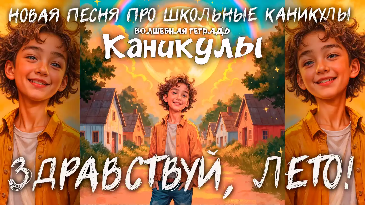 Яркая обложка музыкального сингла под названием «Волшебная тетрадь. Каникулы». В центре — улыбающийся кудрявый мальчик в оранжевой рубашке на фоне деревенской улицы с деревянными домами. Позади него сияет огромное солнце, а в небе раскинулась красочная радуга, создавая сказочную и ностальгическую атмосферу.