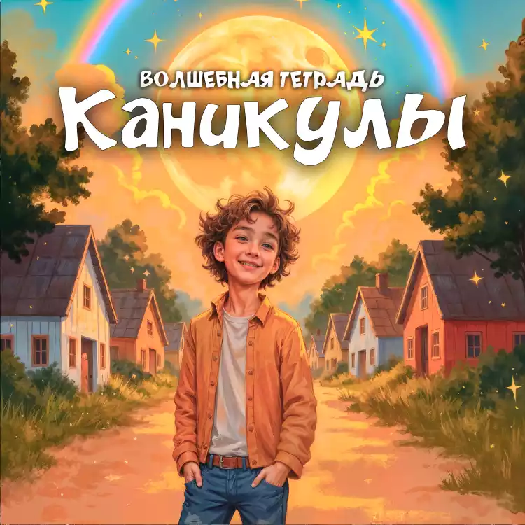 Яркая обложка музыкального сингла под названием «Волшебная тетрадь. Каникулы». В центре — улыбающийся кудрявый мальчик в оранжевой рубашке на фоне деревенской улицы с деревянными домами. Позади него сияет огромное солнце, а в небе раскинулась красочная радуга, создавая сказочную и ностальгическую атмосферу.
