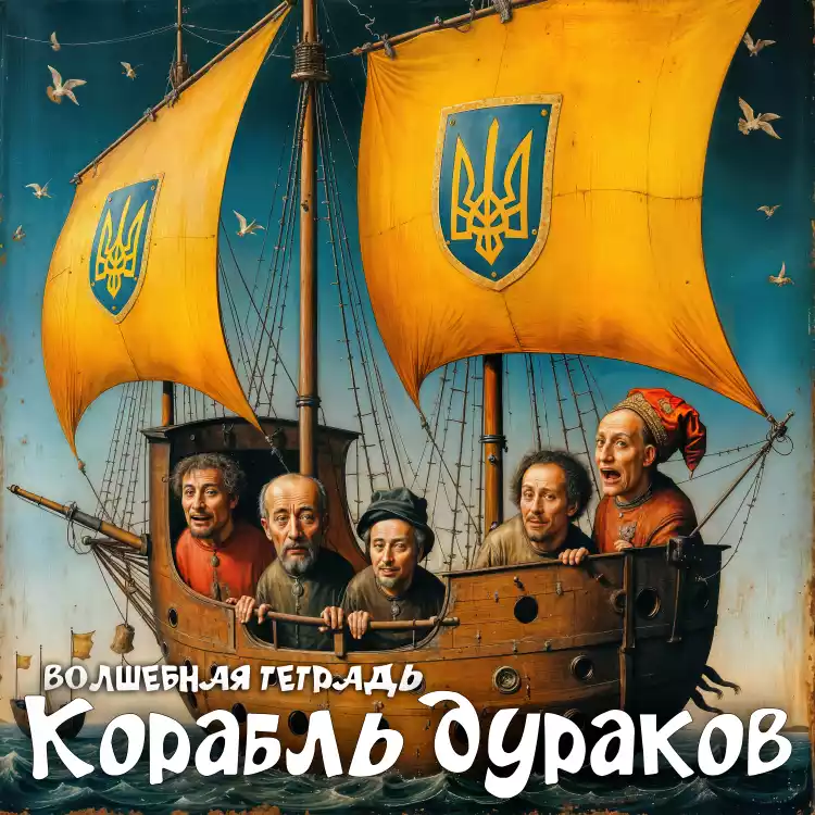 Обложка музыкального сингла «Корабль дураков». Цифровой рисунок в стиле средневековой живописи изображает деревянное судно с пятью мужчинами на борту, чьи лица искажены гротескными гримасами. На больших желтых парусах нанесен герб Украины (трезубец). В нижней части изображения расположены надписи стилизованным белым шрифтом: сверху мелким текстом «Волшебная тетрадь», снизу крупно — «Корабль дураков».