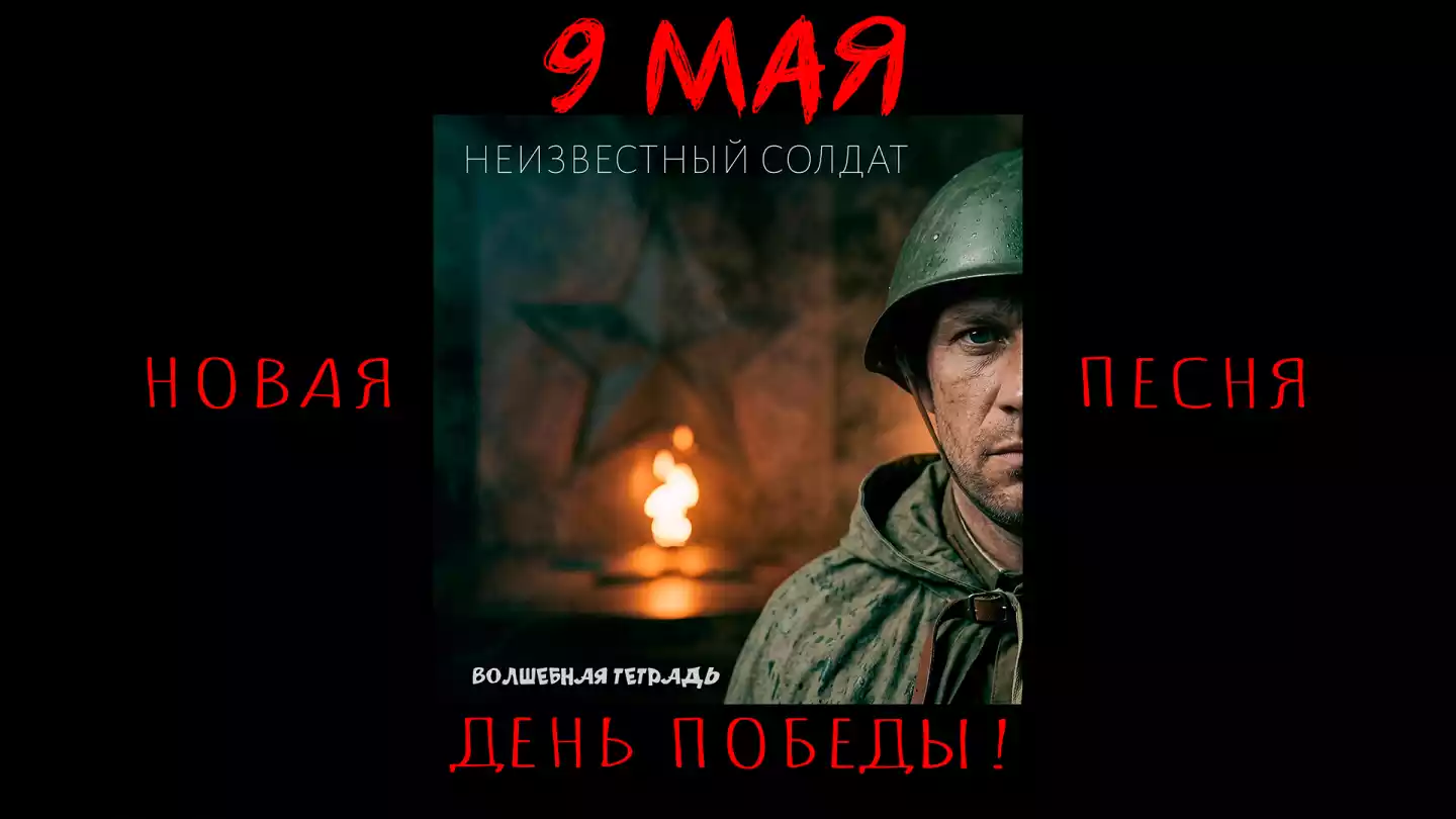 Обложка песни группы «Волшебная тетрадь» под названием «Неизвестный солдат» с изображением советского воина на фоне Вечного огня. Надпись: 9 Мая. День Победы.
