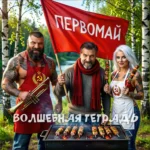Яркий цифровой коллаж, посвященный празднику 1 Мая. В центре композиции — группа людей на пикнике в березовой роще: мужчина в красном шарфе держит советский флаг, мускулистый татуированный мужчина в красном фартуке с гербом СССР держит трубу, а девушка с платиновыми волосами — шампур с шашлыком. На переднем плане жарится шашлык на мангале. На изображении присутствуют надписи: «Первомай»,«Волшебная тетрадь». Изображение выполнено в гиперреалистичном стиле с элементами советской эстетики.