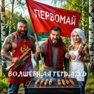 Яркий цифровой коллаж, посвященный празднику 1 Мая. В центре композиции — группа людей на пикнике в березовой роще: мужчина в красном шарфе держит советский флаг, мускулистый татуированный мужчина в красном фартуке с гербом СССР держит трубу, а девушка с платиновыми волосами — шампур с шашлыком. На переднем плане жарится шашлык на мангале. На изображении присутствуют надписи: «Первомай»,«Волшебная тетрадь». Изображение выполнено в гиперреалистичном стиле с элементами советской эстетики.