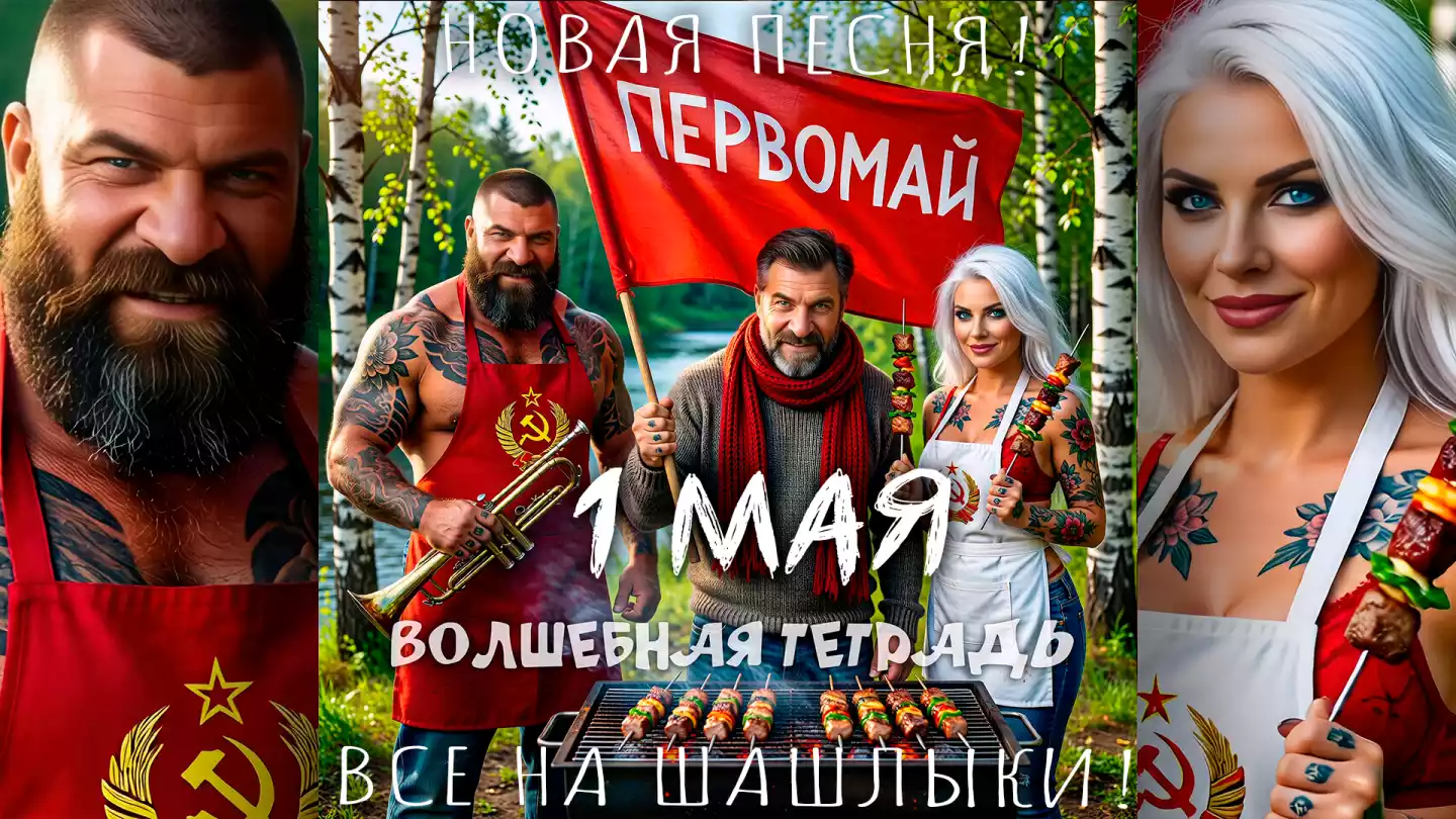 Яркий цифровой коллаж, посвященный празднику 1 Мая. В центре композиции — группа людей на пикнике в березовой роще: мужчина в красном шарфе держит советский флаг, мускулистый татуированный мужчина в красном фартуке с гербом СССР держит трубу, а девушка с платиновыми волосами — шампур с шашлыком. На переднем плане жарится шашлык на мангале. По бокам расположены крупные портреты этих же персонажей. На изображении присутствуют надписи: «Новая песня! Первомай», «1 Мая», «Волшебная тетрадь» и «Все на шашлыки!». Изображение выполнено в гиперреалистичном стиле с элементами советской эстетики.
