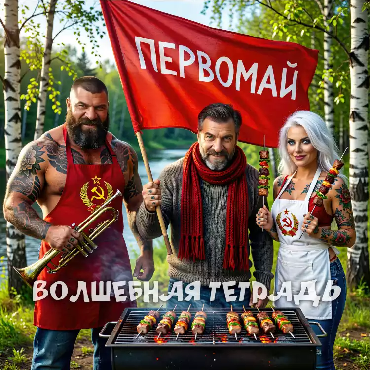 Яркий цифровой коллаж, посвященный празднику 1 Мая. В центре композиции — группа людей на пикнике в березовой роще: мужчина в красном шарфе держит советский флаг, мускулистый татуированный мужчина в красном фартуке с гербом СССР держит трубу, а девушка с платиновыми волосами — шампур с шашлыком. На переднем плане жарится шашлык на мангале. На изображении присутствуют надписи: «Первомай»,«Волшебная тетрадь». Изображение выполнено в гиперреалистичном стиле с элементами советской эстетики.