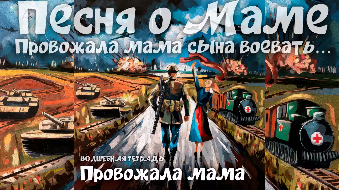 Иллюстрация в стиле масляной живописи, изображающая сцену прощания на фоне войны. В центре композиции — солдат со спины, идущий по дороге в сторону фронта, и женщина (мать), машущая ему вслед красным платком. На заднем плане разворачивается батальная сцена: взрывы, танки, военные самолеты в грозовом небе и санитарный поезд. В нижней части изображения надпись: «Волшебная тетрадь. Провожала мама».