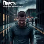 Драматичный постер: мужчина в сером капюшоне плачет от боли и отчаяния под дождем на фоне размытого города, сверху текст Прости Волшебная тетрадь