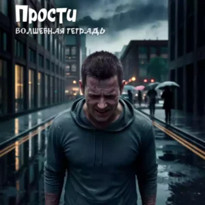Драматичный постер: мужчина в сером капюшоне плачет от боли и отчаяния под дождем на фоне размытого города, сверху текст Прости Волшебная тетрадь