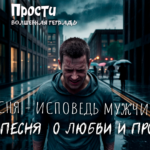 Драматичный постер: мужчина в сером капюшоне плачет от боли и отчаяния под дождем на фоне размытого города, сверху текст Прости Волшебная тетрадь