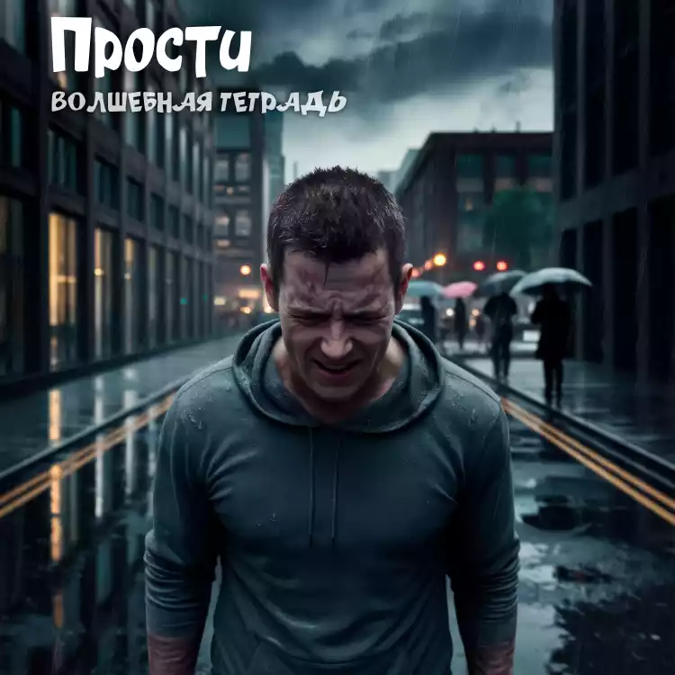 Драматичный постер: мужчина в сером капюшоне плачет от боли и отчаяния под дождем на фоне размытого города, сверху текст Прости Волшебная тетрадь