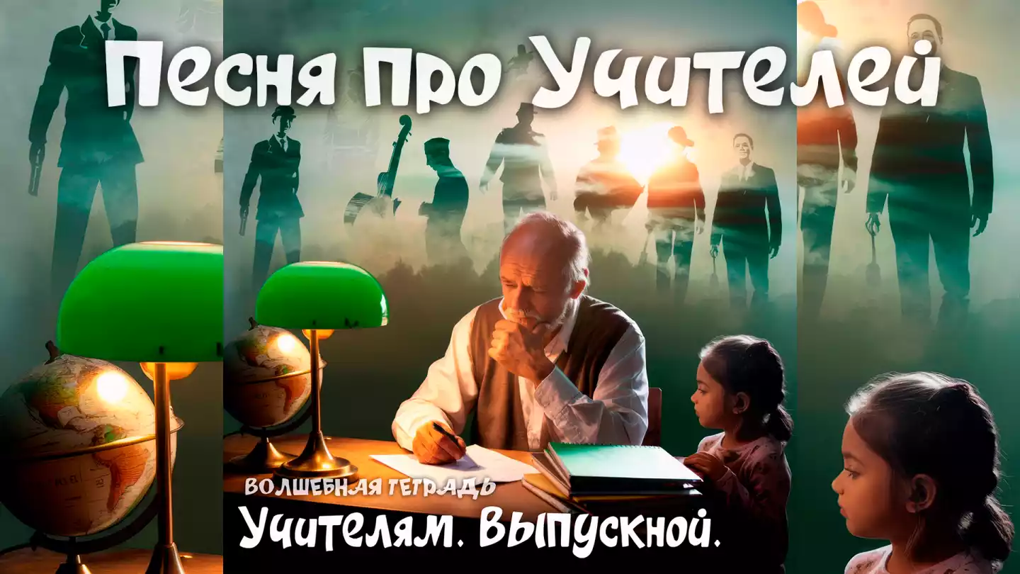 Иллюстрация к выпускному: пожилой учитель за столом с ручкой в руке задумался, рядом сидит маленькая девочка, на переднем плане — зеленая лампа и глобус. На заднем плане в дымке видны силуэты выпускников разных лет, а внизу расположена надпись «Волшебная тетрадь. Учителям. Выпускной».