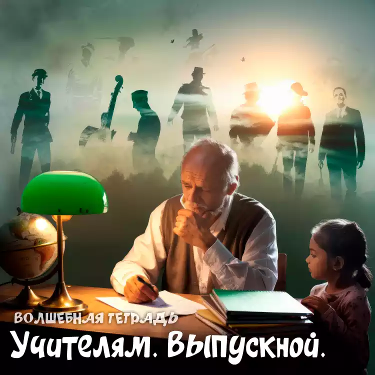 Иллюстрация к выпускному: пожилой учитель за столом с ручкой в руке задумался, рядом сидит маленькая девочка, на переднем плане — зеленая лампа и глобус. На заднем плане в дымке видны силуэты выпускников разных лет, а внизу расположена надпись «Волшебная тетрадь. Учителям. Выпускной».