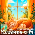Обложка детской песни «Кошачьи сны» из серии «Волшебная тетрадь». На сказочной иллюстрации в теплых золотых тонах изображены спящие на подоконнике рыжая кошка с котенком, цветы хризантем и летающие за окном золотые рыбки.