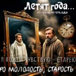 Обложка песни «Летят года… группы Волшебная тетрадь». Пожилой мужчина с седой бородой в коричневом свитере и шарфе стоит в темной комнате на фоне больших часов и свечей. Рядом с ним находится старинное зеркало в золоченой раме, в котором отражается тот же человек, но в молодости — молодой парень в белом свитере и светлом шарфе.