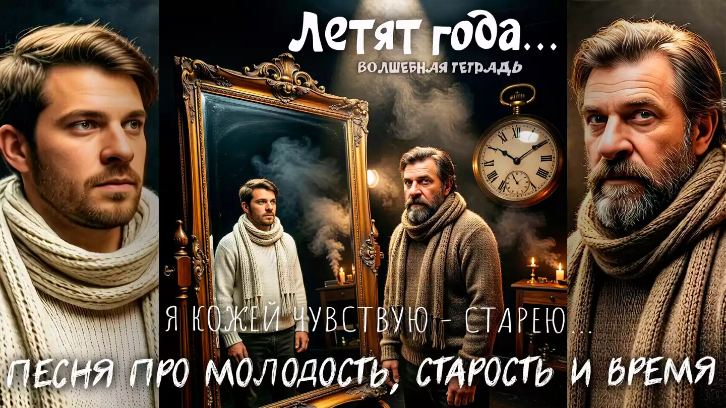 Обложка песни «Летят года… группы Волшебная тетрадь». Пожилой мужчина с седой бородой в коричневом свитере и шарфе стоит в темной комнате на фоне больших часов и свечей. Рядом с ним находится старинное зеркало в золоченой раме, в котором отражается тот же человек, но в молодости — молодой парень в белом свитере и светлом шарфе.