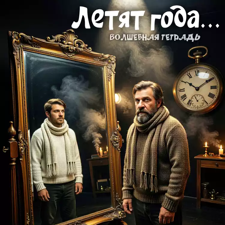 Обложка песни «Летят года… группы Волшебная тетрадь». Пожилой мужчина с седой бородой в коричневом свитере и шарфе стоит в темной комнате на фоне больших часов и свечей. Рядом с ним находится старинное зеркало в золоченой раме, в котором отражается тот же человек, но в молодости — молодой парень в белом свитере и светлом шарфе.