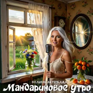 Обложка песни «Мандариновое утро» проекта «Волшебная тетрадь». Блондинка с ретро-микрофоном в дачном интерьере на фоне открытого окна, солнца, цветов и вазы с мандаринами.