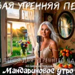 Обложка песни «Мандариновое утро» проекта «Волшебная тетрадь». Блондинка с ретро-микрофоном в дачном интерьере на фоне открытого окна, солнца, цветов и вазы с мандаринами.