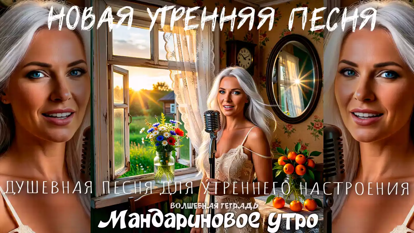 Обложка песни «Мандариновое утро» проекта «Волшебная тетрадь». Блондинка с ретро-микрофоном в дачном интерьере на фоне открытого окна, солнца, цветов и вазы с мандаринами.