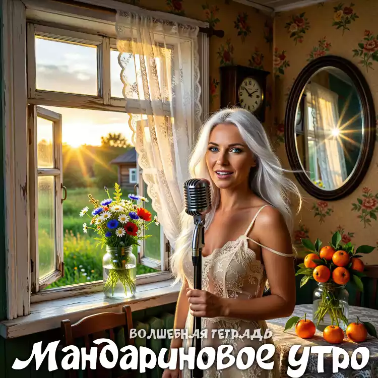 Обложка песни «Мандариновое утро» проекта «Волшебная тетрадь». Блондинка с ретро-микрофоном в дачном интерьере на фоне открытого окна, солнца, цветов и вазы с мандаринами.
