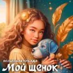 Обложка песни «Мой щенок» группы «Волшебная тетрадь». На рисунке изображена девочка, которая нежно обнимает сшитого ею из разноцветных лоскутов и тряпок игрушечного щенка голубого цвета.