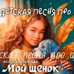 Обложка песни «Мой щенок» группы «Волшебная тетрадь». На рисунке изображена девочка, которая нежно обнимает сшитого ею из разноцветных лоскутов и тряпок игрушечного щенка голубого цвета.