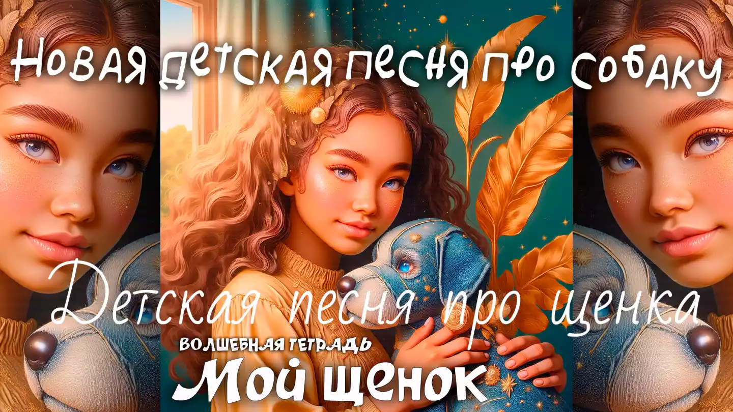 Обложка песни «Мой щенок» группы «Волшебная тетрадь». На рисунке изображена девочка, которая нежно обнимает сшитого ею из разноцветных лоскутов и тряпок игрушечного щенка голубого цвета.