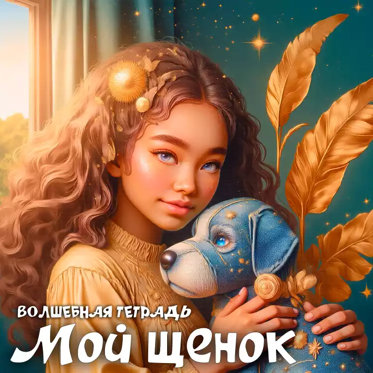Обложка песни «Мой щенок» группы «Волшебная тетрадь». На рисунке изображена девочка, которая нежно обнимает сшитого ею из разноцветных лоскутов и тряпок игрушечного щенка голубого цвета.