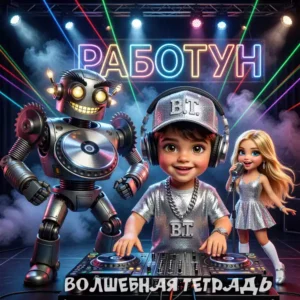 Обложка детской песни «Работун» серии «Волшебная тетрадь».В центре — мальчик-диджей в наушниках за музыкальным пультом. Слева от него стоит улыбающийся металлический робот с горящими глазами-лампочками, а справа — поющая девочка в блестящем платье с микрофоном. Персонажи находятся на сцене, залитой светом разноцветных прожекторов и лазерных лучей. Сверху и снизу картинки расположены крупные надписи «РАБОТУН» и «ВОЛШЕБНАЯ ТЕТРАДЬ».
