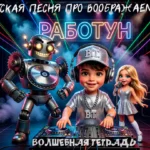 Обложка детской песни «Работун» серии «Волшебная тетрадь».В центре — мальчик-диджей в наушниках за музыкальным пультом. Слева от него стоит улыбающийся металлический робот с горящими глазами-лампочками, а справа — поющая девочка в блестящем платье с микрофоном. Персонажи находятся на сцене, залитой светом разноцветных прожекторов и лазерных лучей. Сверху и снизу картинки расположены крупные надписи «РАБОТУН» и «ВОЛШЕБНАЯ ТЕТРАДЬ».