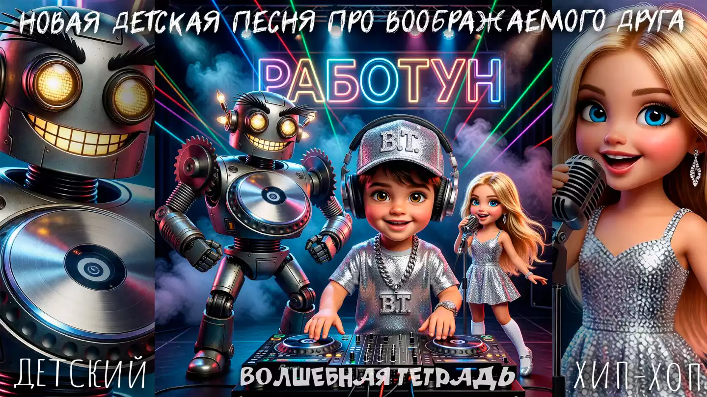 Обложка детской песни «Работун» серии «Волшебная тетрадь».В центре — мальчик-диджей в наушниках за музыкальным пультом. Слева от него стоит улыбающийся металлический робот с горящими глазами-лампочками, а справа — поющая девочка в блестящем платье с микрофоном. Персонажи находятся на сцене, залитой светом разноцветных прожекторов и лазерных лучей. Сверху и снизу картинки расположены крупные надписи «РАБОТУН» и «ВОЛШЕБНАЯ ТЕТРАДЬ».