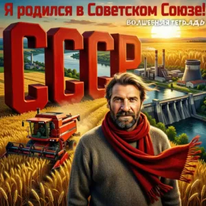 Обложка песни «Я родился в Советском Союзе!» группы «Волшебная тетрадь». На переднем плане — зрелый мужчина с бородой в сером свитере и красном шарфе. На заднем плане изображены символы советской эпохи: огромные красные буквы «СССР» на пшеничном поле, комбайн, гидроэлектростанция, заводы и река в лучах заката.