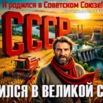 Обложка песни «Я родился в Советском Союзе!» группы «Волшебная тетрадь». На переднем плане — зрелый мужчина с бородой в сером свитере и красном шарфе. На заднем плане изображены символы советской эпохи: огромные красные буквы «СССР» на пшеничном поле, комбайн, гидроэлектростанция, заводы и река в лучах заката.