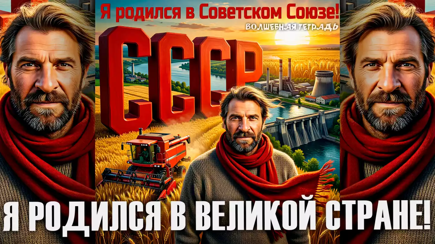 Обложка песни «Я родился в Советском Союзе!» группы «Волшебная тетрадь». На переднем плане — зрелый мужчина с бородой в сером свитере и красном шарфе. На заднем плане изображены символы советской эпохи: огромные красные буквы «СССР» на пшеничном поле, комбайн, гидроэлектростанция, заводы и река в лучах заката.