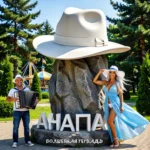 Обложка песни «Анапа» проекта «Волшебная тетрадь» с изображением памятника белой шляпе, мужчины с аккордеоном и девушки в голубом платье на фоне парка аттракционов.