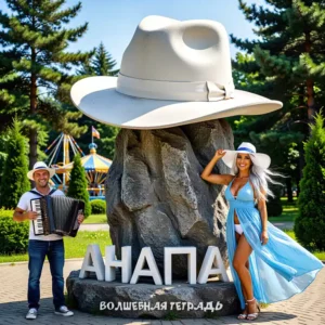Обложка песни «Анапа» проекта «Волшебная тетрадь» с изображением памятника белой шляпе, мужчины с аккордеоном и девушки в голубом платье на фоне парка аттракционов.