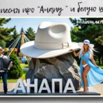 Обложка песни «Анапа» проекта «Волшебная тетрадь» с изображением памятника белой шляпе, мужчины с аккордеоном и девушки в голубом платье на фоне парка аттракционов.
