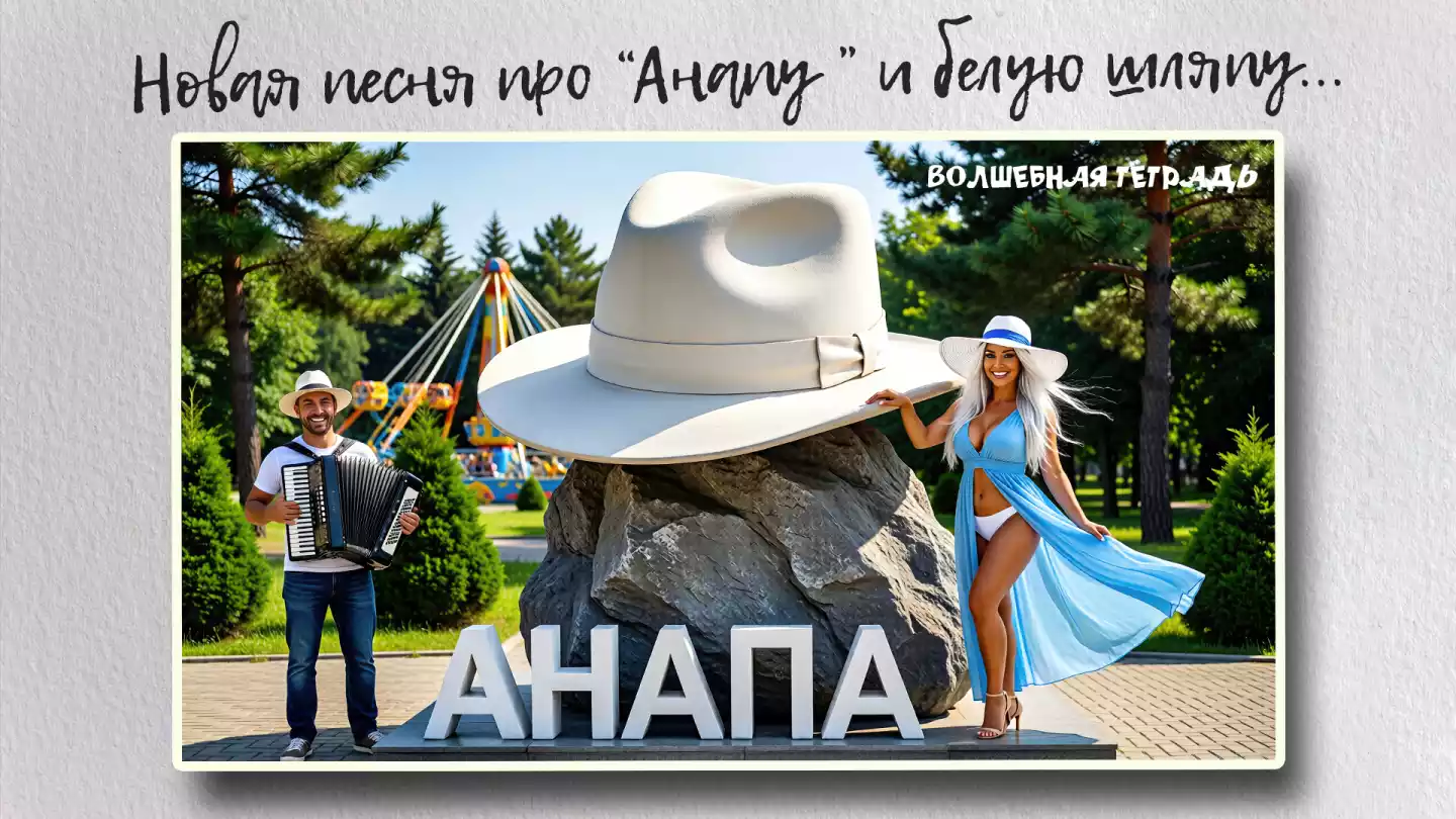 Обложка песни «Анапа» проекта «Волшебная тетрадь» с изображением памятника белой шляпе, мужчины с аккордеоном и девушки в голубом платье на фоне парка аттракционов.