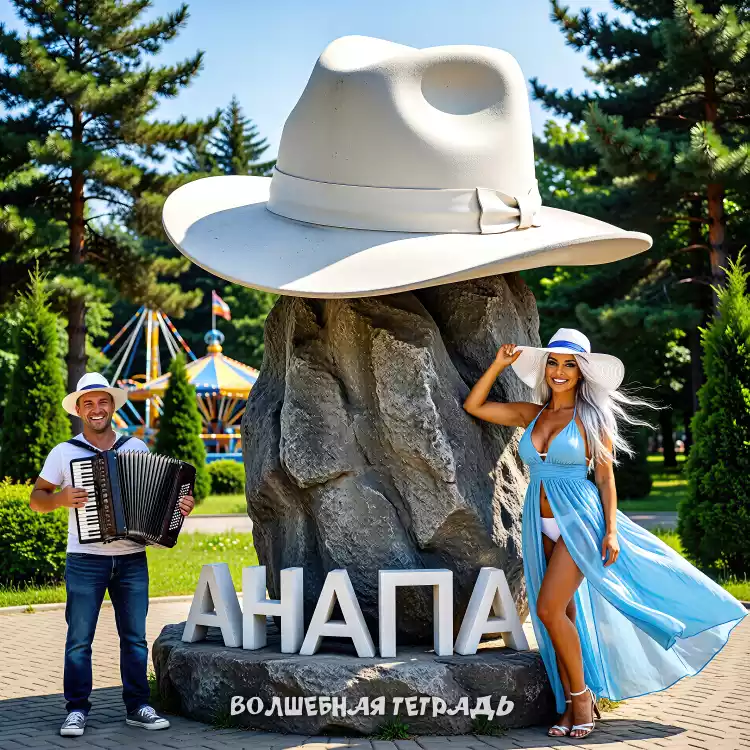 Обложка песни «Анапа» проекта «Волшебная тетрадь» с изображением памятника белой шляпе, мужчины с аккордеоном и девушки в голубом платье на фоне парка аттракционов.