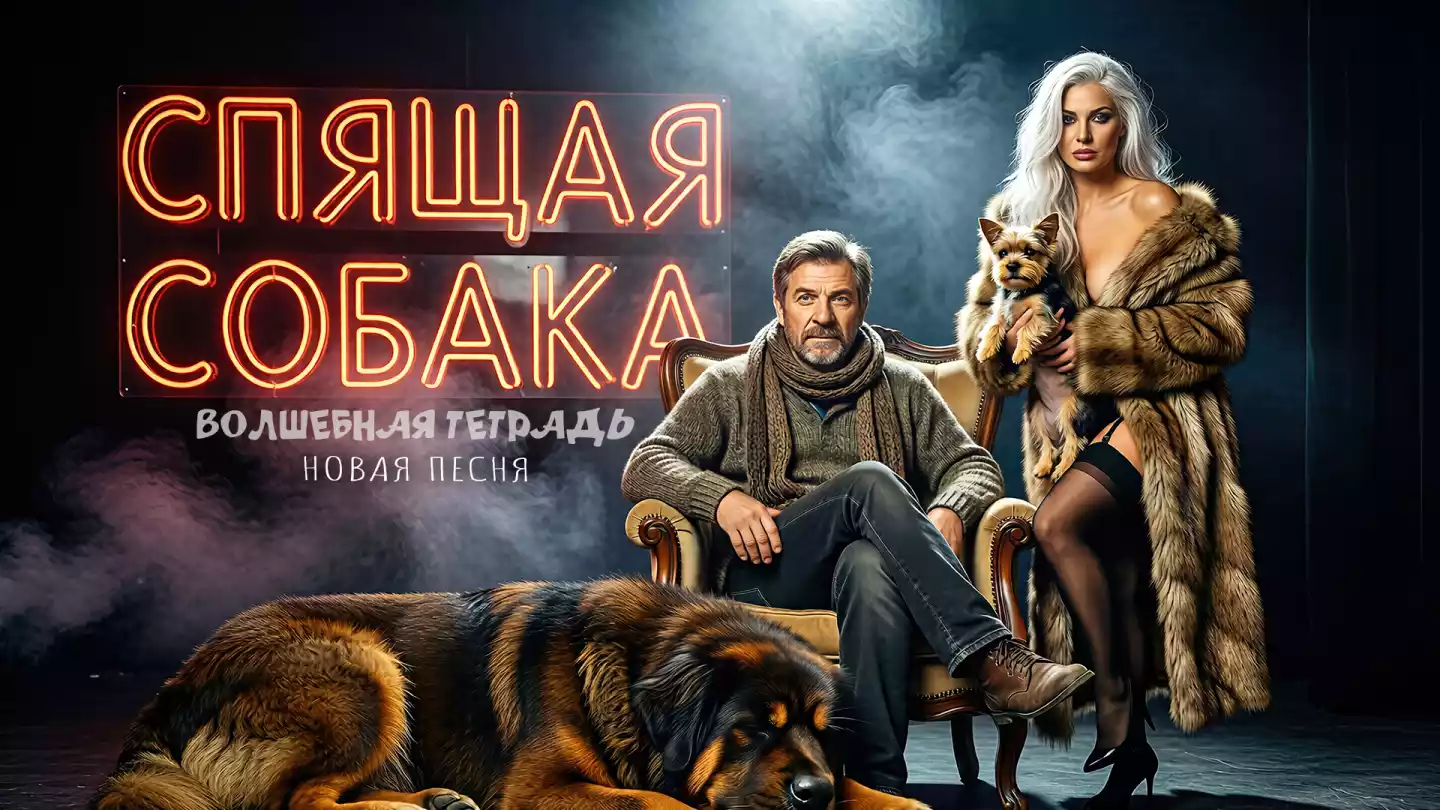 Обложка песни «Спящая собака» группы «Волшебная тетрадь». На мрачном фоне с дымом изображены мужчина в кресле и женщина в шубе. Мужчина в свитере и шарфе сидит по центру, перед ним лежит крупный бернский зенненхунд. Справа стоит блондинка в меховой шубе и чулках, удерживая на руках маленького йоркширского терьера. Сверху горит неоновая надпись с названием релиза.