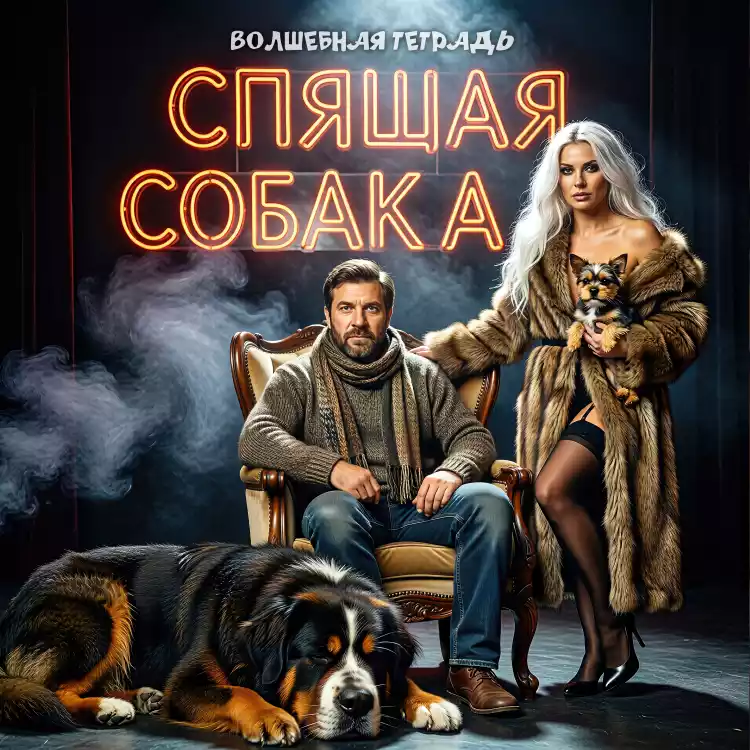 Обложка песни «Спящая собака» группы «Волшебная тетрадь». На мрачном фоне с дымом изображены мужчина в кресле и женщина в шубе. Мужчина в свитере и шарфе сидит по центру, перед ним лежит крупный бернский зенненхунд. Справа стоит блондинка в меховой шубе и чулках, удерживая на руках маленького йоркширского терьера. Сверху горит неоновая надпись с названием релиза.