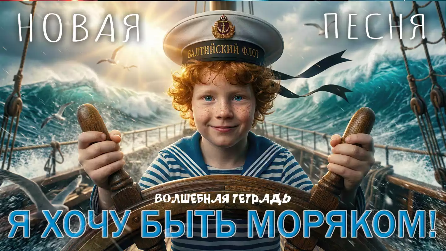 Обложка песни «Я хочу быть моряком!» группы «Волшебная тетрадь». Рыжеволосый улыбающийся мальчик в бескозырке Балтийского флота и тельняшке держит штурвал корабля на фоне бушующего моря