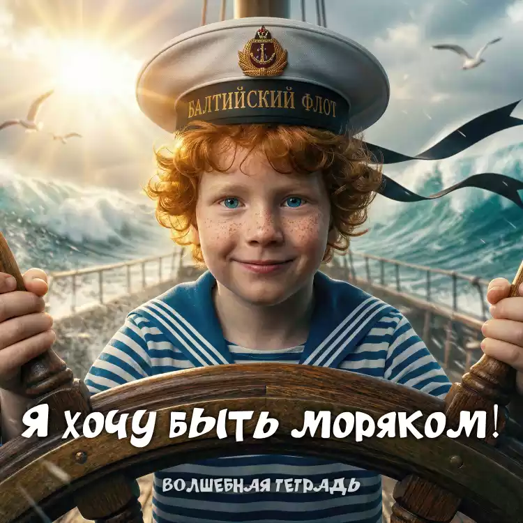 Обложка песни «Я хочу быть моряком!» группы «Волшебная тетрадь». Рыжеволосый улыбающийся мальчик в бескозырке Балтийского флота и тельняшке держит штурвал корабля на фоне бушующего моря